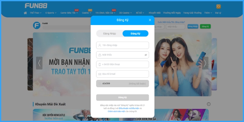 Cung cấp các dữ liệu để đăng ký Fun88